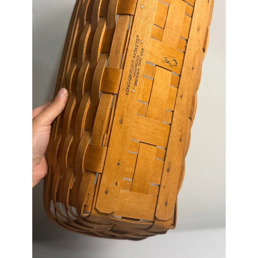 VTG Longaberger Basket Rectangle Brown Woven Leather Handles Plastic Liner 1991